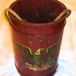 Antique Staved Wood Painted Eagle Bucket - Orig. Red Paint